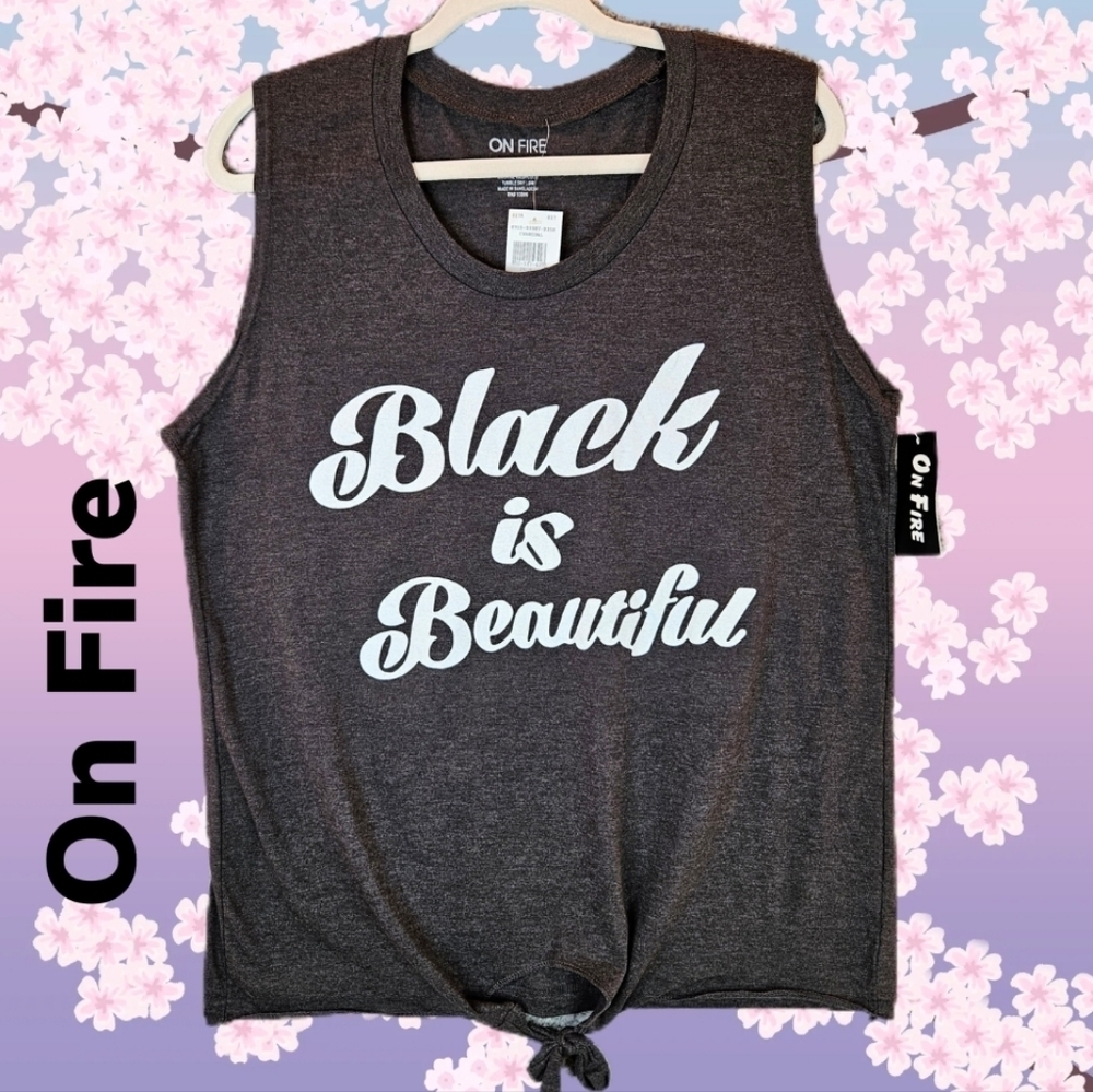 On Fire Black Is Beautiful Charcoal & White Graphic Tie Front T-Shirt Sz 3X.